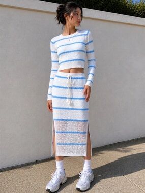 Freshman XS White Blue Striped Knit Crop Sweater Maxi Skirt Set Y2K Co-ord